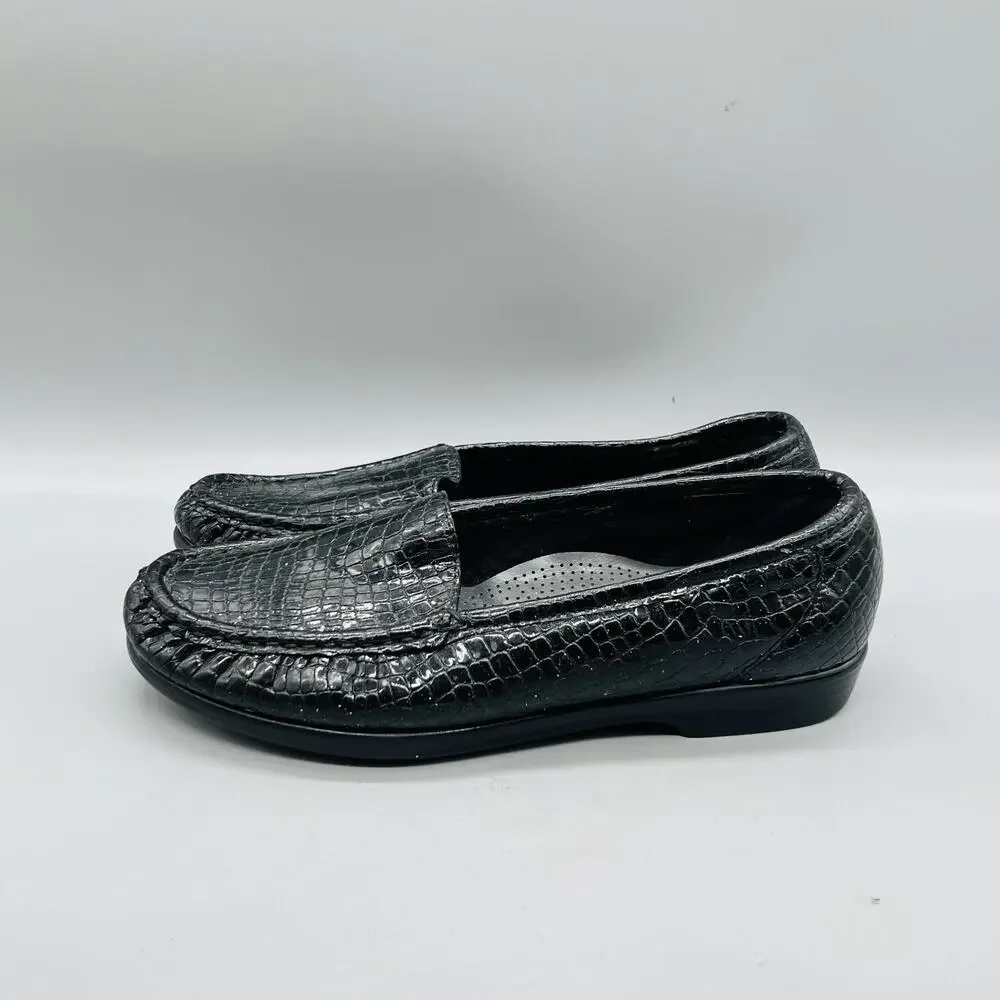 SAS Shoes Womens 7.5 Black Leather Croc Print Tripad Comfort Loafers Slip On